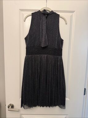 London Times Navy Sparkle Tie-Neck Pleated Formal Dress